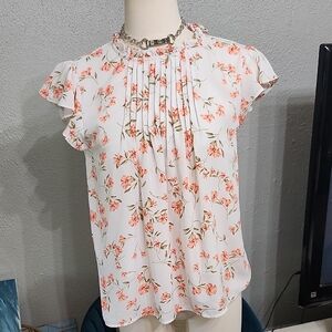 CeCe Floral Pleated Blouse - White and Orange